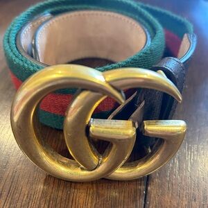 Gucci Nylon Calfskin Double G Web 90.36 Belt Green Red 86/90B EUC